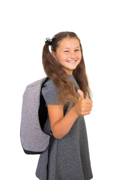 Menina Sorridente Vestida Com Uniforme Escolar Mostra Polegares Para Cima — Fotografia de Stock