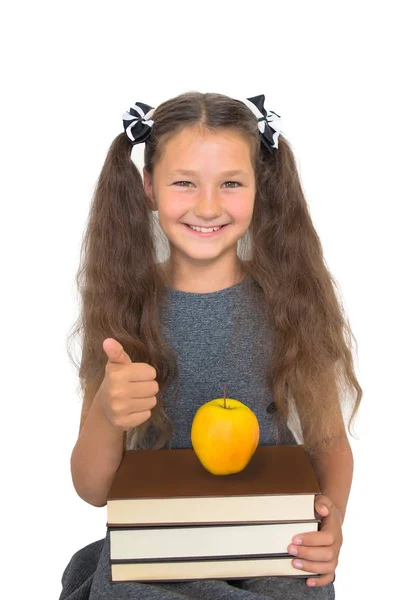 Glimlachend School Kind Toont Duim Omhoog Teken Gelukkig School Meisje — Stockfoto