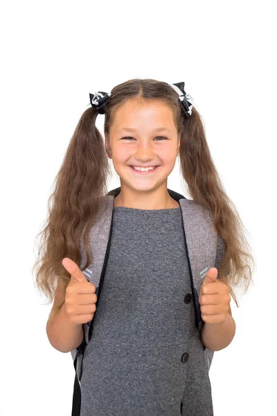 Escolar Muestra Pulgar Hacia Arriba Colegiala Vestido Gris Mochila Escolar — Foto de Stock