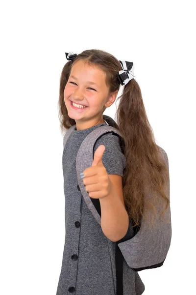 Schoolgirl Gray Dress School Backpack Goes School Schoolchild Shows Thumb — Stock Photo, Image