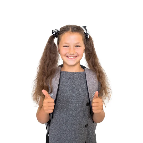 Πίσω Στο Σχολείο Παιδί Σχολείο Δείχνει Τους Αντίχειρες Μαθήτρια Γκρι — Φωτογραφία Αρχείου