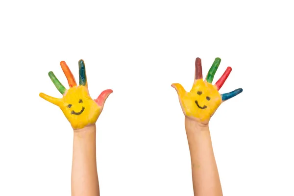 Έννοια Χαμόγελο Ευτυχία Και Διασκέδαση Ευτυχισμένο Παιδί Δείχνει Ζωγραφισμένα Χέρια — Φωτογραφία Αρχείου