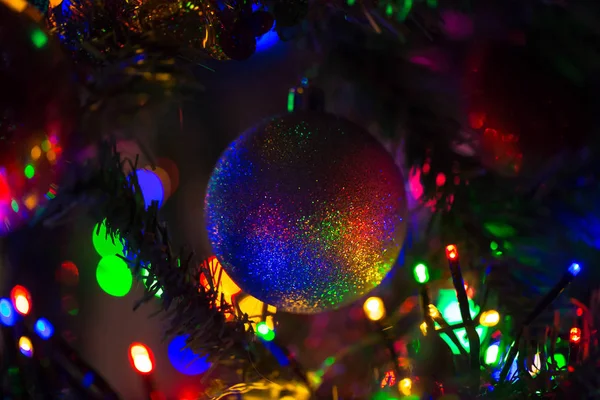 Magical Rainbow Christmas Ball Hanging Christmas Tree Christmas Lights Make — Stock Photo, Image