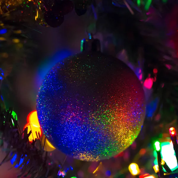 Magical Rainbow Christmas Ball Hanging Christmas Tree Christmas Lights Make — Stock Photo, Image