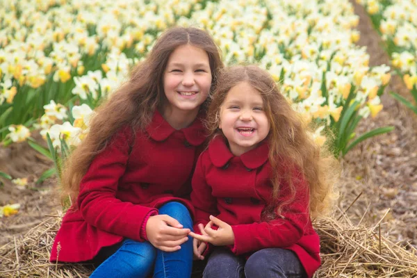 Spring sunny day, first flowers and happy children. — Stock Photo, Image