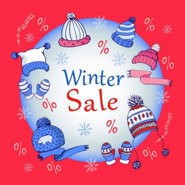 Kırmızı, mavi ve beyaz eldiven ve şapka kümesi. Kış indirimleri.