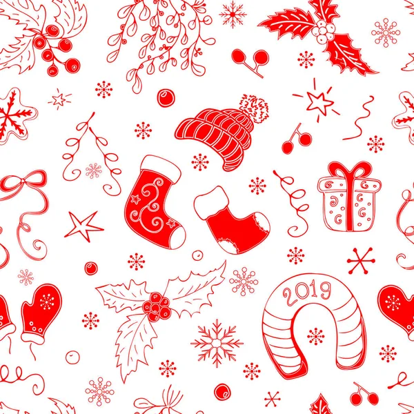 Nowy Rok Obiekty Czerwony Kontur Białym Tle Boże Narodzenie Wzór — Wektor stockowy