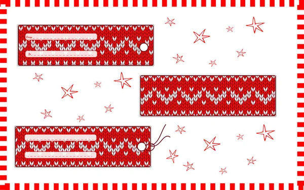 Zestaw Prostokątne Poziome Christmas Sweter Etykiety Płatki Śniegu Czerwonym Tle — Wektor stockowy