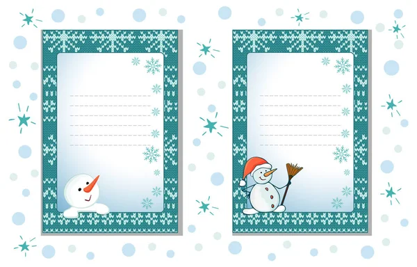 Cartes Décoratives Pour Noël Nouvel Avec Ornement Tricoté Bonhommes Neige — Image vectorielle