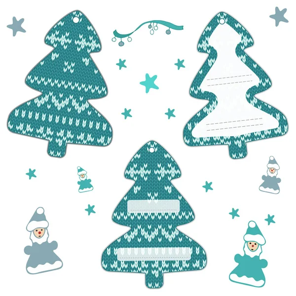 Set Weihnachtlich Gestrickter Etiketten Form Eines Weihnachtsbaums Schneeflocken Auf Türkisblauem — Stockvektor