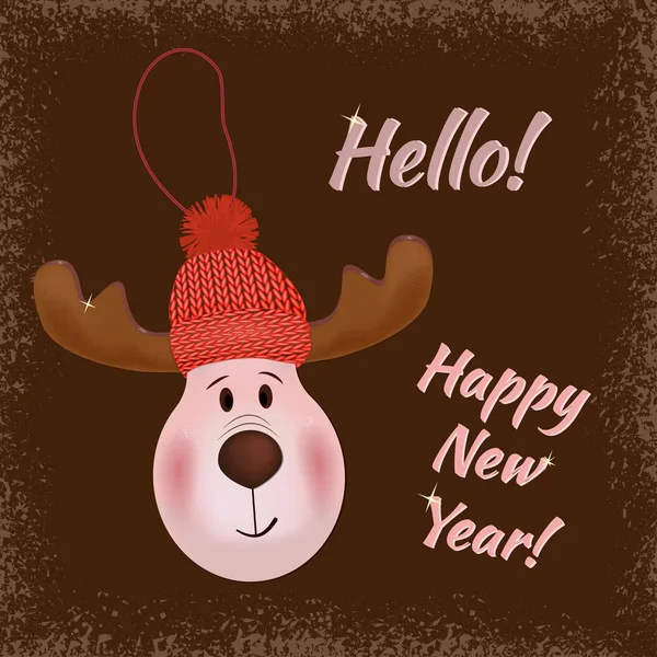 니트 모자에 있는 사슴. 새 해 복 많이 받으세요, 안녕하세요입니다. 벡터 — 스톡 벡터