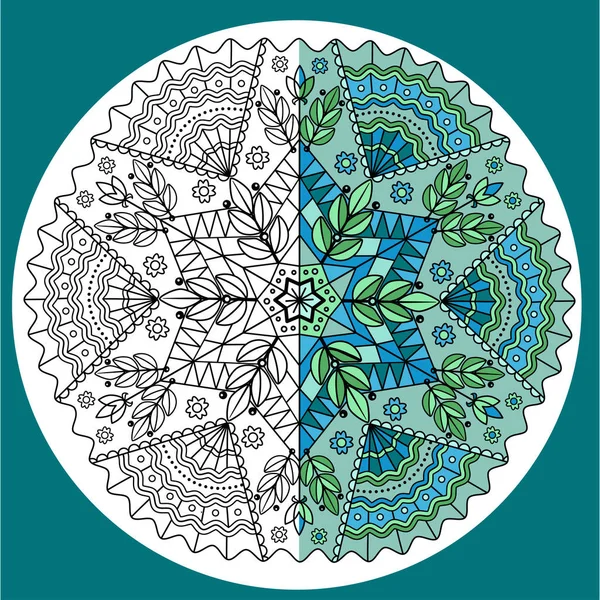 Mandala Azul Verde Coloreado Por Mitad — Archivo Imágenes Vectoriales