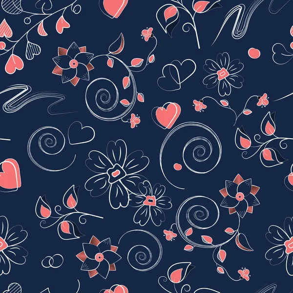 Бесшовный узор с розовыми сердцами, кудряшками и цветами — стоковый вектор