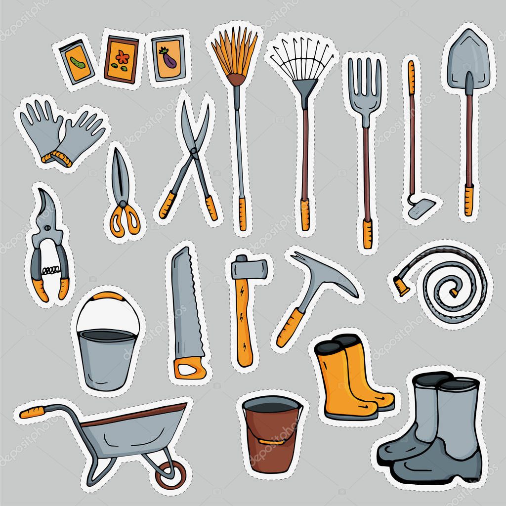 A set of stickers pictures of garden tools. Vector