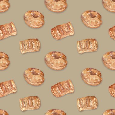 Çörek ve renkli bir arka plan üzerinde puf hamur işleri ile Seamless modeli