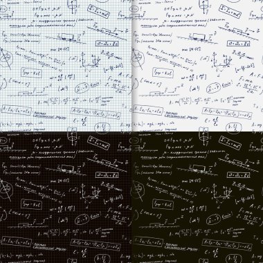 Webnabot matematik ve fizik beyaz, koyu arka plan üzerinde ve Damalı sayfadaki el yazısıyla yazılan formüller içeren dört sonsuz kalıplarının
