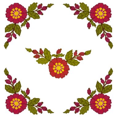 Kanaviçe işi köşe öğesinin beyaz zemin üzerine kırmızı çiçekler olduğunu. 