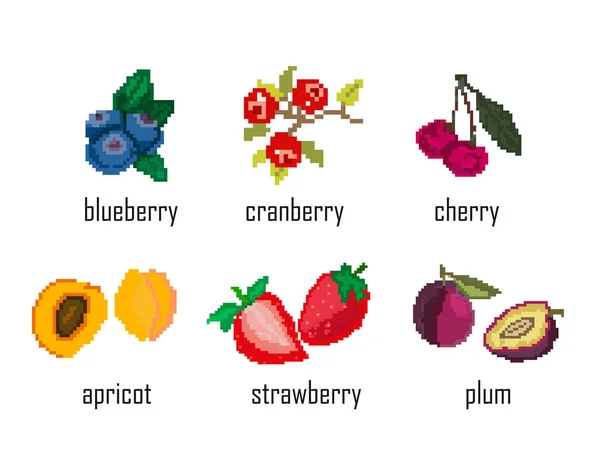 Bestickt, Pixelbeeren Blaubeeren, Erdbeeren, Pflaumen, Preiselbeeren, Aprikosen, Kirschen auf weißem Hintergrund. Vektor — Stockvektor