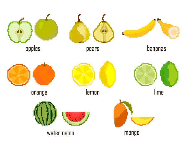 Set Bestickt Pixel Fruchtapfel Birne Banane Orange Zitrone Limette Wassermelone — Stockvektor