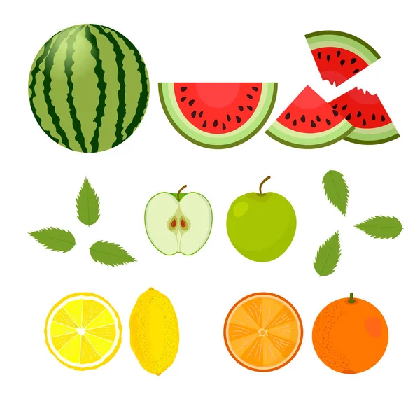 Beeren und Früchte. Wassermelone, Orange, Zitrone, Apfel auf weißem Hintergrund. Vektor — Stockvektor