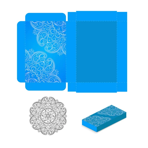 Geschenkverpackung mit Eckelementen des Mandalas auf blauem Hintergrund. mandala.vektor — Stockvektor