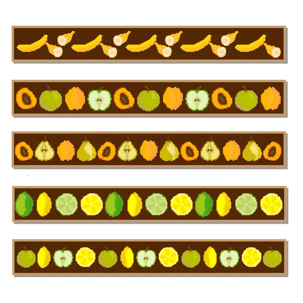 Frutas. Tiras, líneas de bayas y frutas plátano, albaricoque, manzana, limón, lima. Pixel. Vector. Bordado — Archivo Imágenes Vectoriales