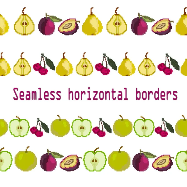 Des fruits. Bordures sans couture bande de pomme, poire, cerise, prune. Pixel. Vecteur. Broderie — Image vectorielle