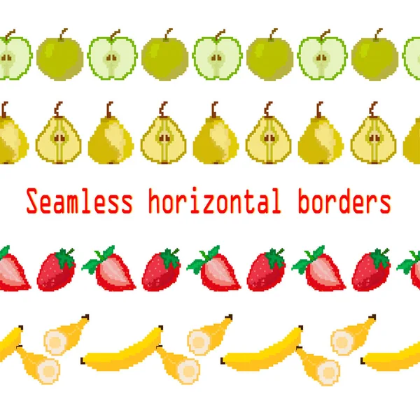 Früchte Nahtlose Ränder Streifen Apfel Birne Erdbeere Banane Pixel Vektor — Stockvektor
