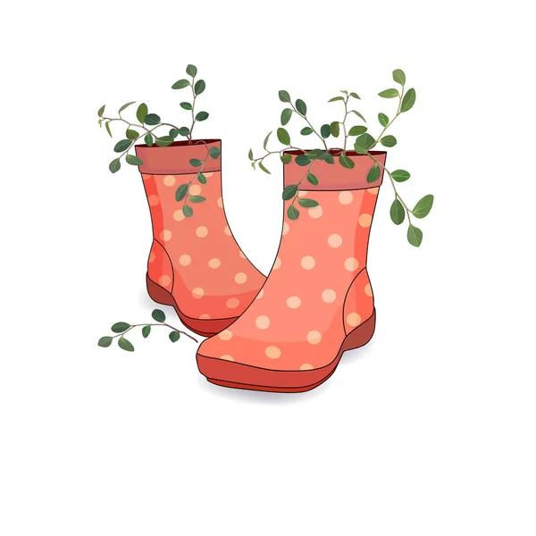 Womens country red boots with a bouquet of branches of pot plants. Vector — Stock Vector