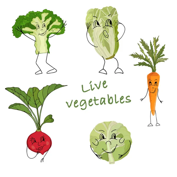 Vegetales Con Caras Pintadas Aisladas Sobre Fondo Blanco Estilos Mixtos — Vector de stock