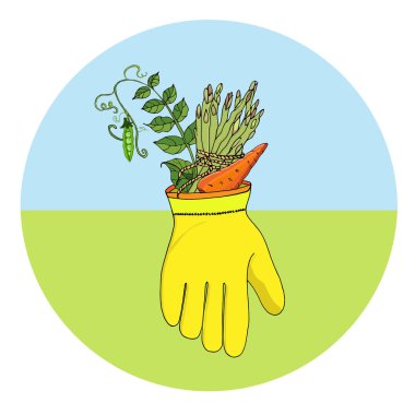 Garden glove with a bouquet of vegetables, carrots, asparagus and peas. Vector illustration. clipart