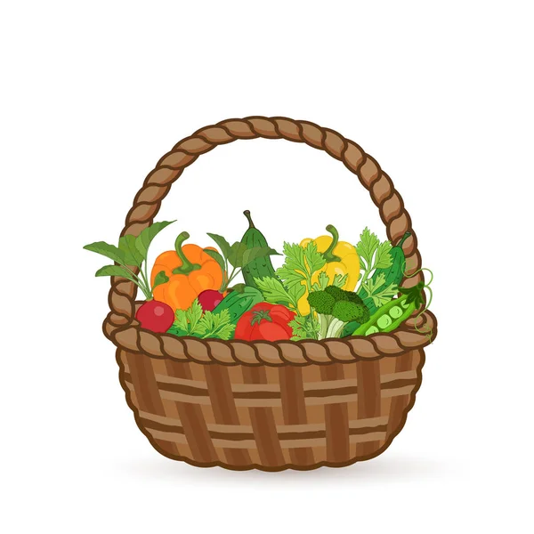 Gemüse in einem Weidenkorb ernten. isoliert auf weißem Hintergrund Vektor Illustration — Stockvektor
