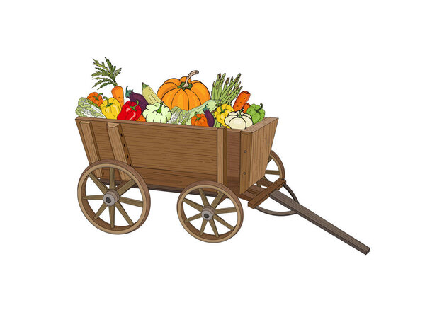 Wooden wagon with a crop of vegetables pumpkin, asparagus, zucchini, peppers, carrots on a white background. Vector illustration