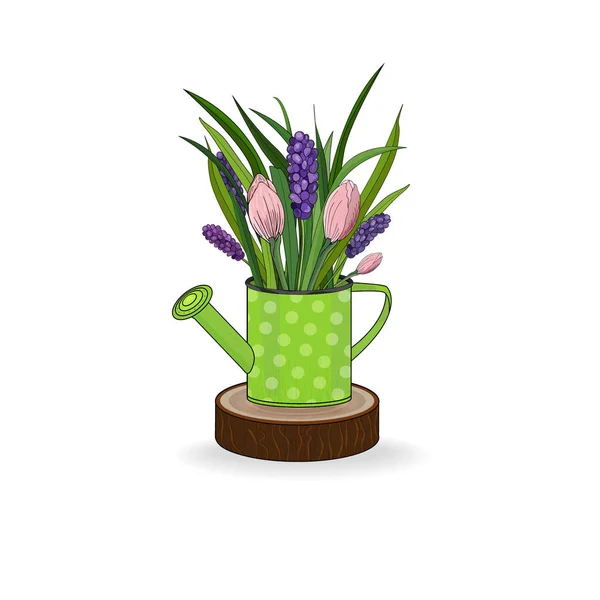 Ένα μπουκέτο λουλούδια άνοιξη σε ένα πράσινο πότισμα μπορεί σε ένα περίπτερο. Απεικόνιση διανυσματικών φορέων — Διανυσματικό Αρχείο