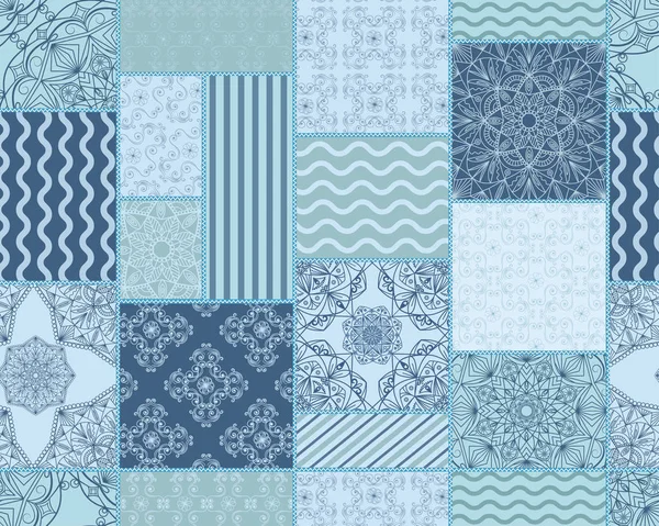 Nahtloses geometrisches Muster im Patchwork-Stil mit Mandalas in blauem Farbraum. — Stockvektor