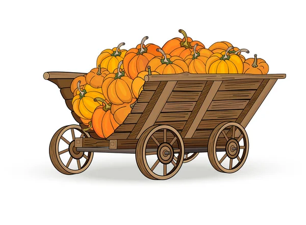 Wooden Cart Harvest Large Ripe Pumpkin White Background Vector Illustration — Stock Vector