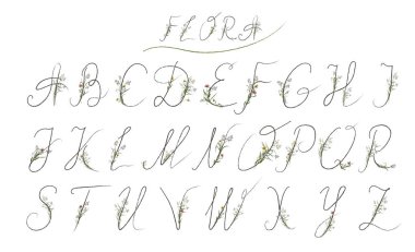 Alan otlar ve çiçekler buketleri ile İngiliz alfabesi Harfler.