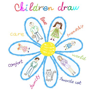 Renkli kalemler ve boya kalemleri ile çocuk çizim. Papatya ve aile, anne, baba, çocuk ve bir kedi. Vektör