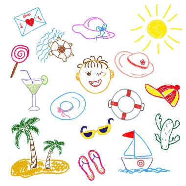 Yaz ve deniz teması üzerine kalem ve tebeşirle çocuk renk çizimleri. Beyaz arka planda ayrı öğeler. Vektör çizimi