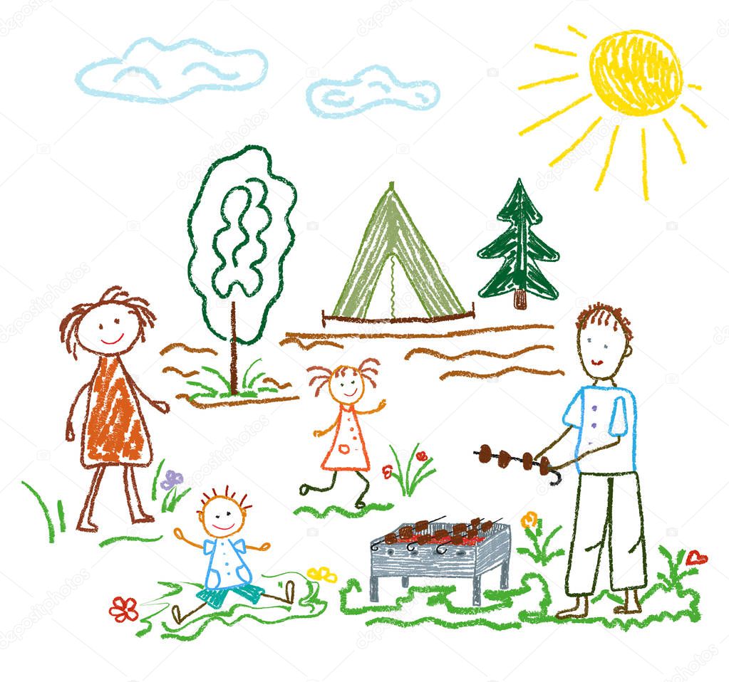 Children's pencil drawing on the theme of summer, friendship, family, camping, recreation, barbecues. Vector.