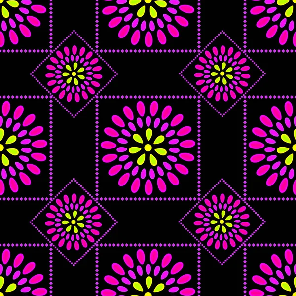 Padrão sem costura com padrão geométrico de elementos florais circulares rosa e quadrados em um fundo preto . —  Vetores de Stock