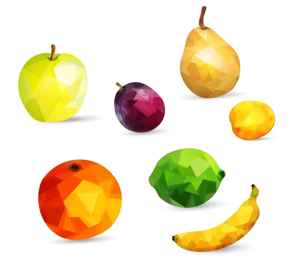 Früchte Apfel, Limette, Orange, Birne, Banane und Pflaume Beeren und Aprikosen in Low-Poly-Stil isoliert auf weißem Hintergrund — Stockvektor