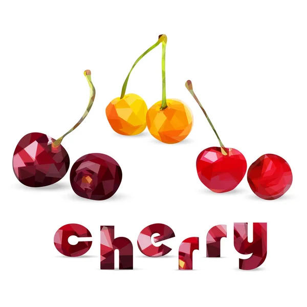Cherry Red, Yellow, bordó a stílus alacsony poli és a felirat cseresznye — Stock Vector