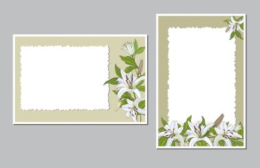 Beyaz zambak çiçekleri ile dikey ve yatay konumlandırılmış kartpostallar.