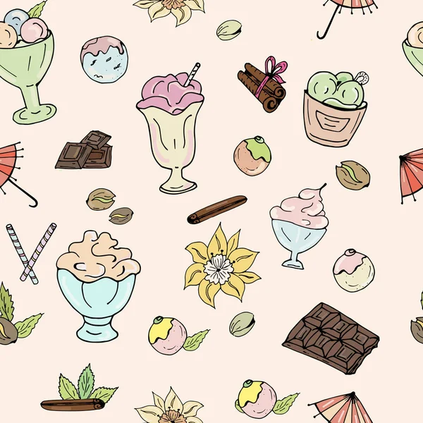 Мороженое, шоколад, орехи, ваниль и корица на светлом фоне . — стоковый вектор