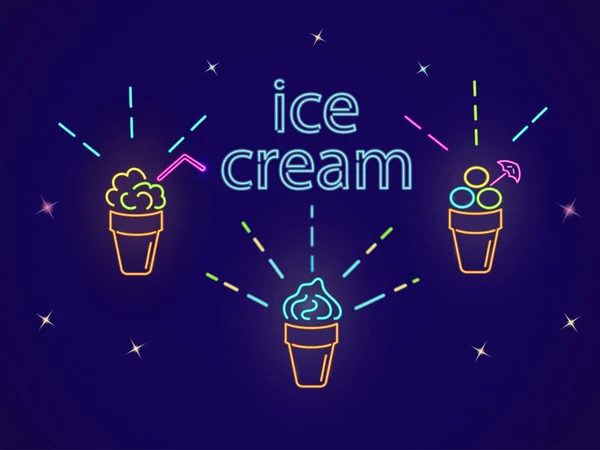 Ice cream cups, shine, neon on a dark background. Isolated objects. — Stock Vector