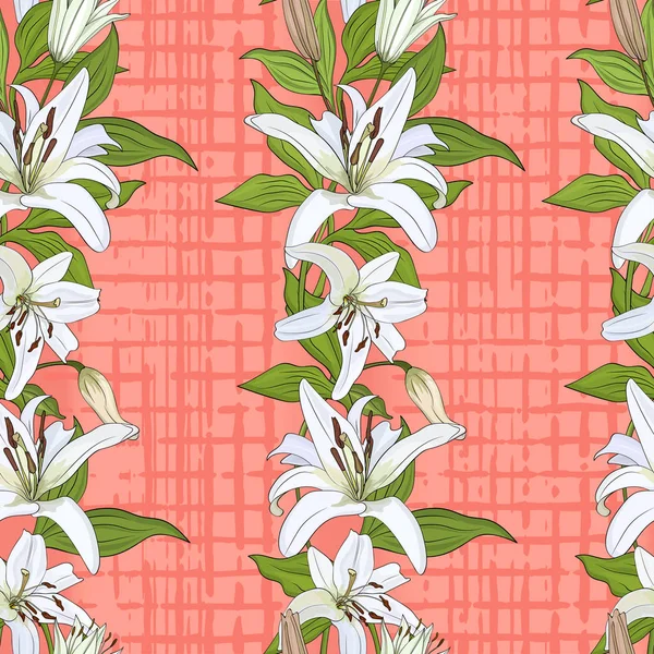 Muster mit Blüten weißer Lilie auf rosa-korallenfarbenem Hintergrund — Stockvektor