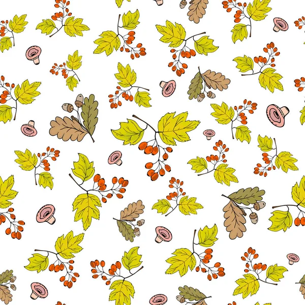 Nahtloser Herbsthintergrund mit fallenden Eicheln und Zweigen mit Krataegus-Beeren — Stockvektor
