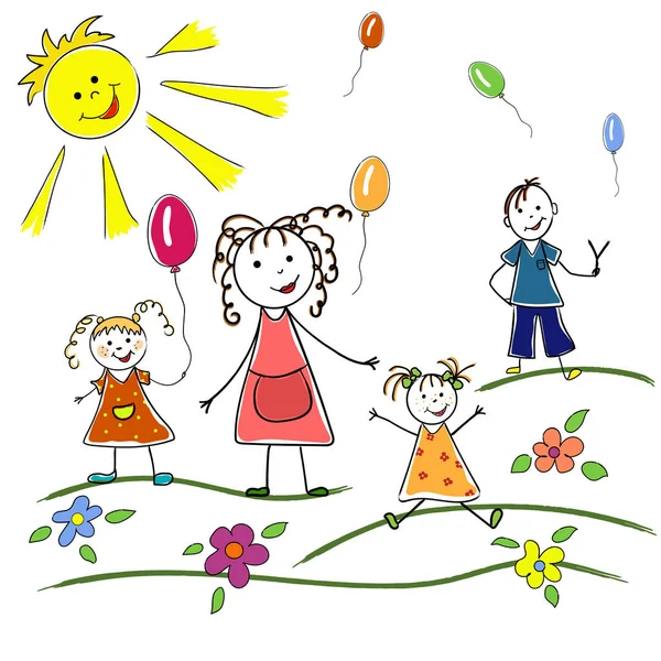 Mor med barn, döttrar och son med flygande ballonger — Stock vektor