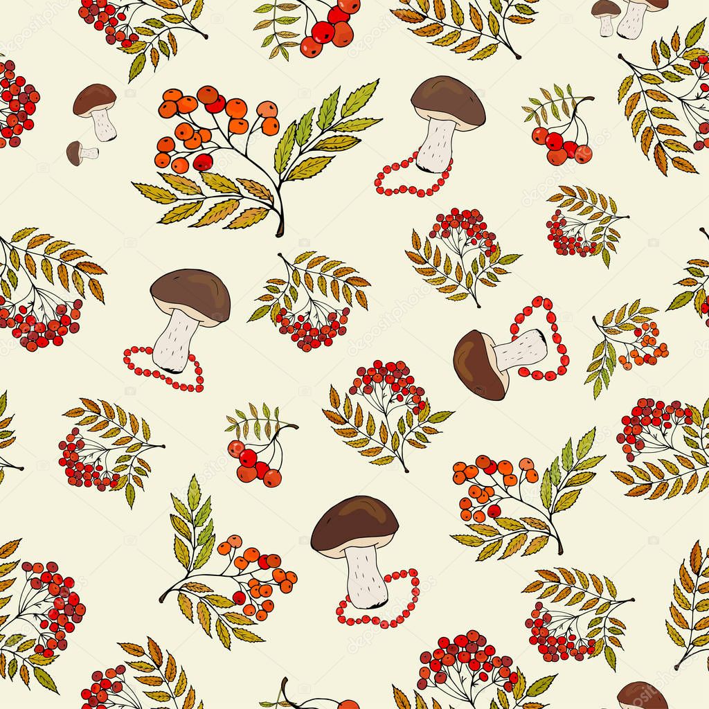 Seamless autumn background with wild mushrooms and bunches of rowan berries